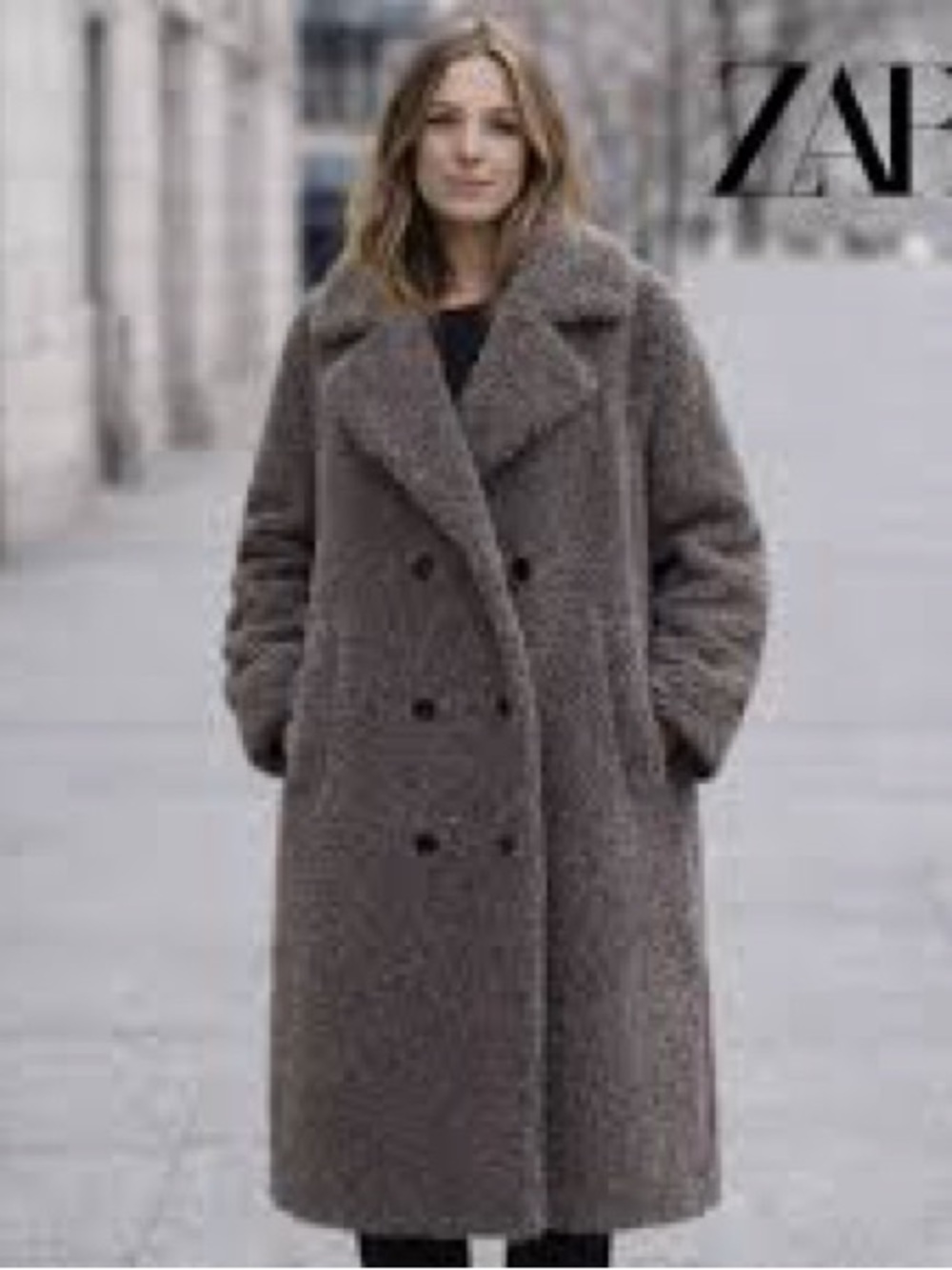 Zara Taupe Teddy Double-Breasted Pea Coat